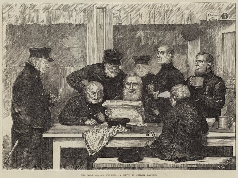 Nieuwe oorlogen en oude krijgers, een schets in Chelsea Hospital door Edmund Richard White