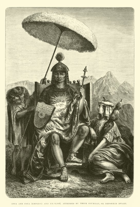 Inca en Coya (Keizer en Keizerin), bijgestaan door hun Ccumillu, of misvormde dwerg door Edouard Riou