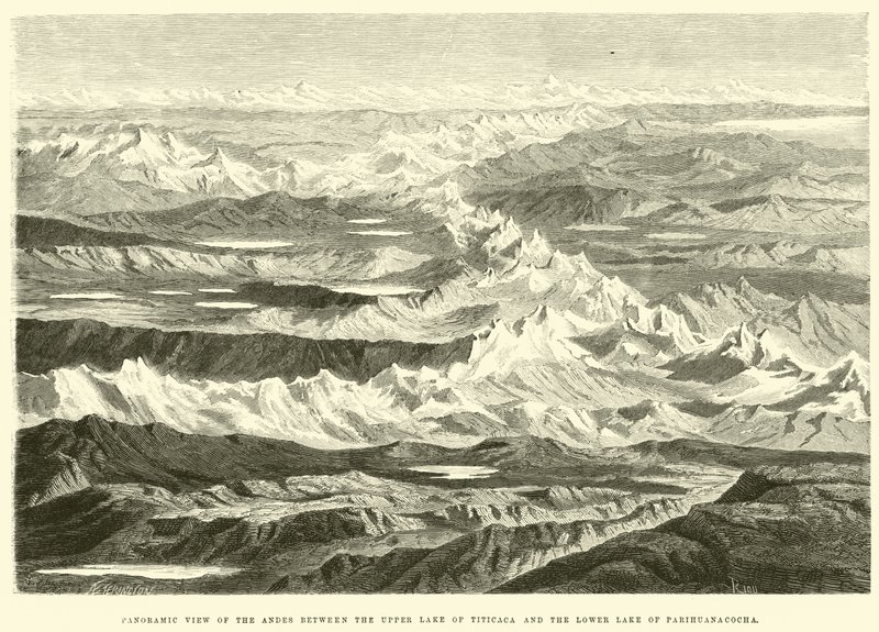 Panoramisch uitzicht op de Andes tussen het Bovenmeer van Titicaca en het Benedenmeer van Parihuanacocha door Edouard Riou