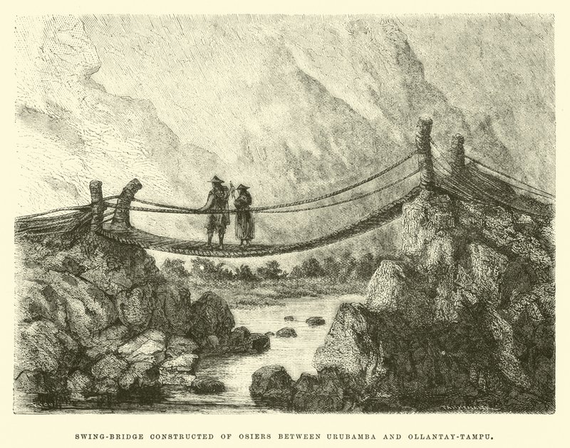 Schommelbrug gemaakt van wilgentakken tussen Urubamba en Ollantay-Tampu door Edouard Riou