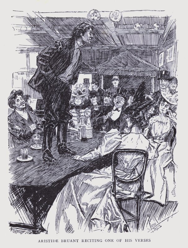Boheems Parijs: Aristide Bruant draagt een van zijn verzen voor (litho) door Edouard Alfred (1875 1954) Cucuel