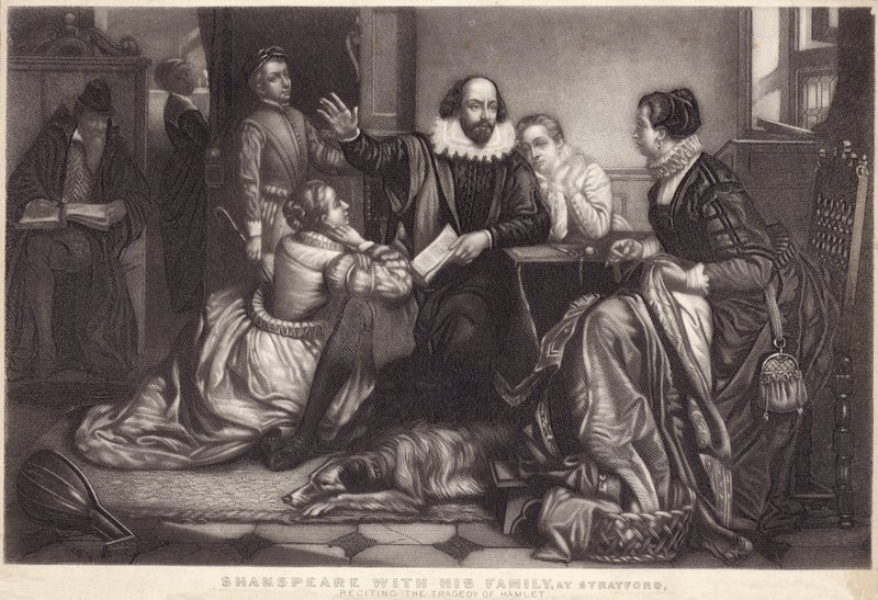 Shakespeare met zijn familie in Stratford on Avon, voordracht van de tragedie van Hamlet door Edouard Jean Conrad Hamman