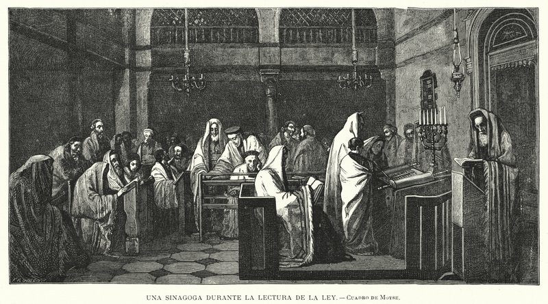 Synagoge tijdens een Torah-lezing door Edouard Moyse