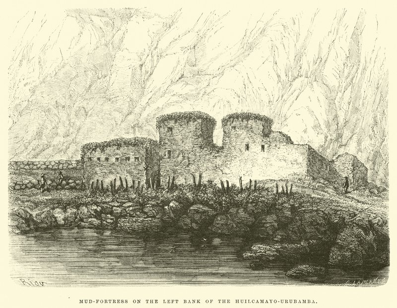 Modderfort aan de linkeroever van de Huilcamayo-Urubamba door Edouard Riou