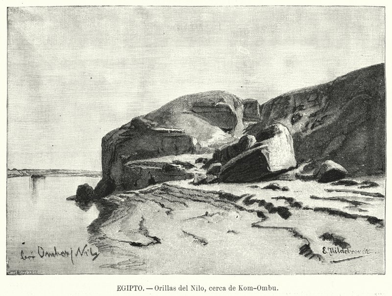 Oevers van de rivier de Nijl bij Kom Ombo, Egypte door Eduard (after) Hildebrandt