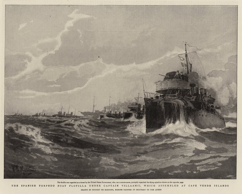 De Spaanse torpedobootflottille onder kapitein Villaamil die zich verzamelde op de Kaapverdische Eilanden door Eduardo de Martino