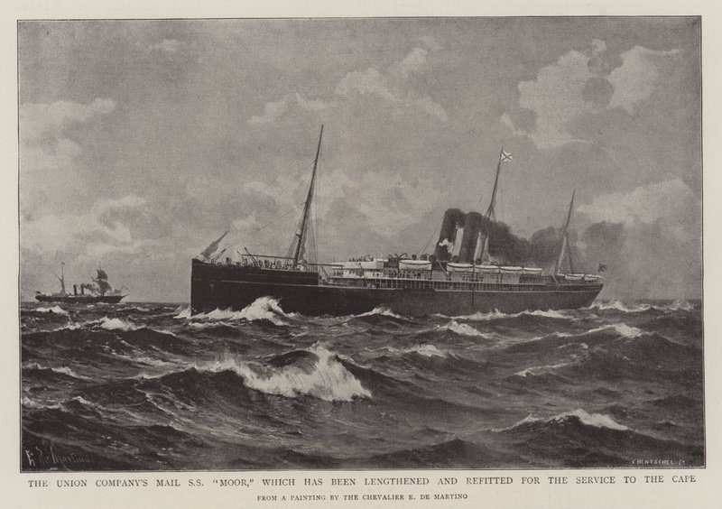 De Mail SS Moor van de Union Company, die is verlengd en opnieuw ingericht voor de dienst van de Kaap door Eduardo de Martino