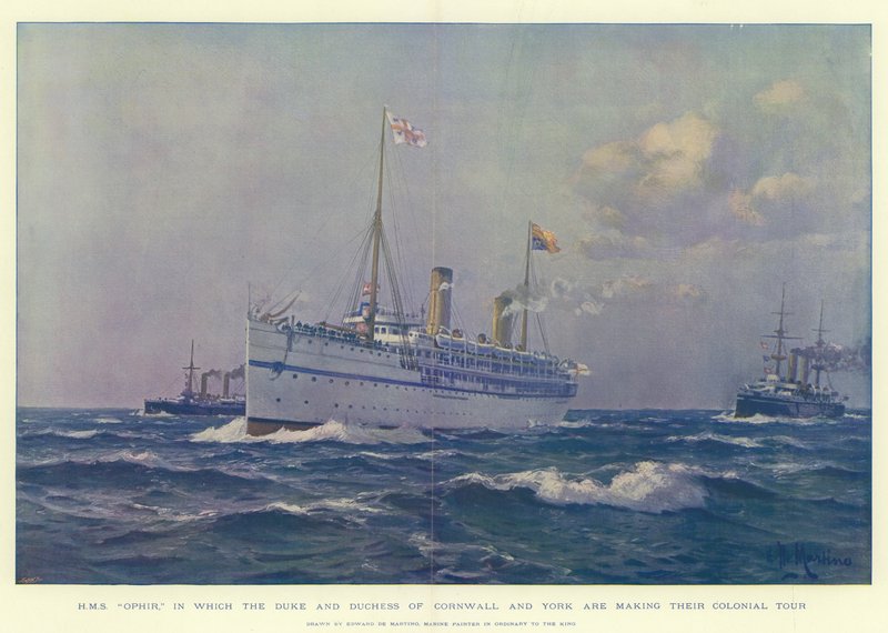 HMS Ophir, waarin de Hertog en Hertogin van Cornwall en York hun Koloniale Tour maken door Eduardo de Martino