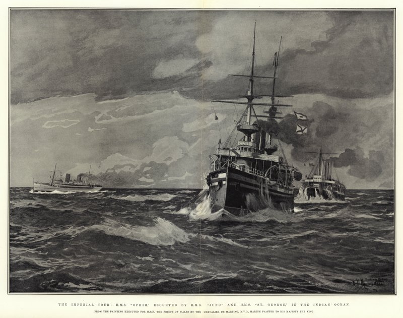 De keizerlijke tour, H.M.S. Ophir, geëscorteerd door H.M.S. Juno en H.M.S. St George, in de Indische Oceaan door Eduardo de Martino