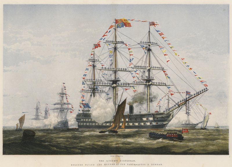 De verjaardag van de koningin, vlaggen wapperen en bemand op de yards door Edward Duncan