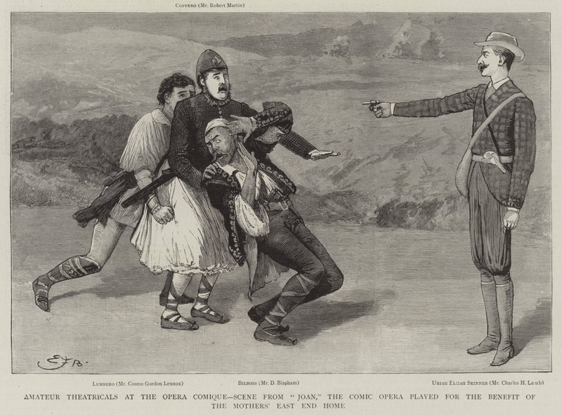 Amateurtheater in de Opera Comique, scène uit Joan, de komische opera gespeeld ten behoeve van het Moederhuis in East End door Edward Frederick Brewtnall
