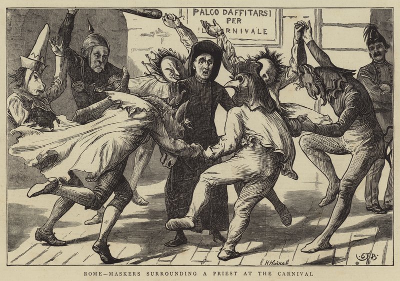 Rome, Maskers omringen een Priester tijdens het Carnaval door Edward Frederick Brewtnall