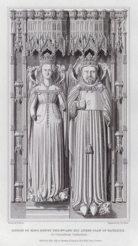Beeld van Koning Hendrik de 4e en zijn Koningin Joan van Navarra, in de Kathedraal van Canterbury (gravure) door Edward Blore