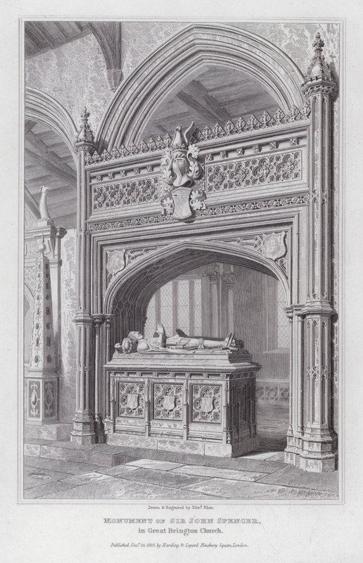 Monument van Sir John Spencer, in Great Brington Church (gravure) door Edward Blore