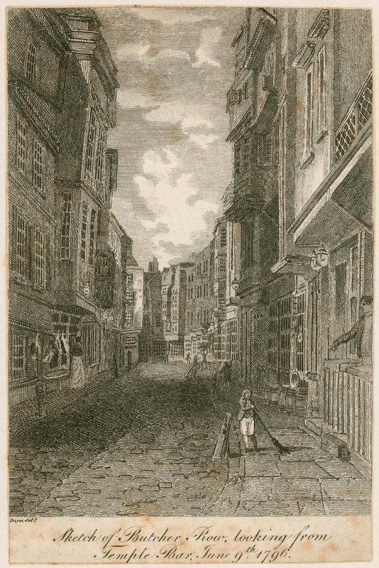 Schets van Butcher Row, gezien vanaf Temple Bar, 9 juni 1796 door Edward Dayes