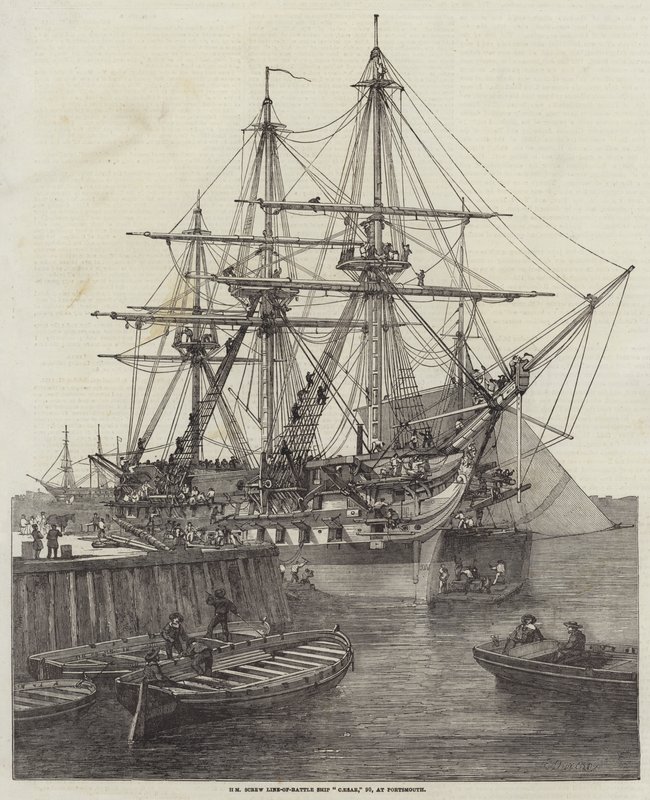 HM Schroef Linieschip Caesar, 90, in Portsmouth door Edward Duncan