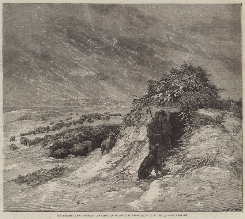De kerst van de herder, een schets op Brighton Downs door Edward Duncan