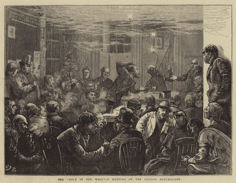 Het gat in de muur, een bijeenkomst van de Londense republikeinen door Edward Frederick Brewtnall