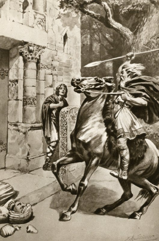 Hogepriester Coifi rijdt Goodmanham Lane op om de afgoden te verpletteren, illustratie uit 