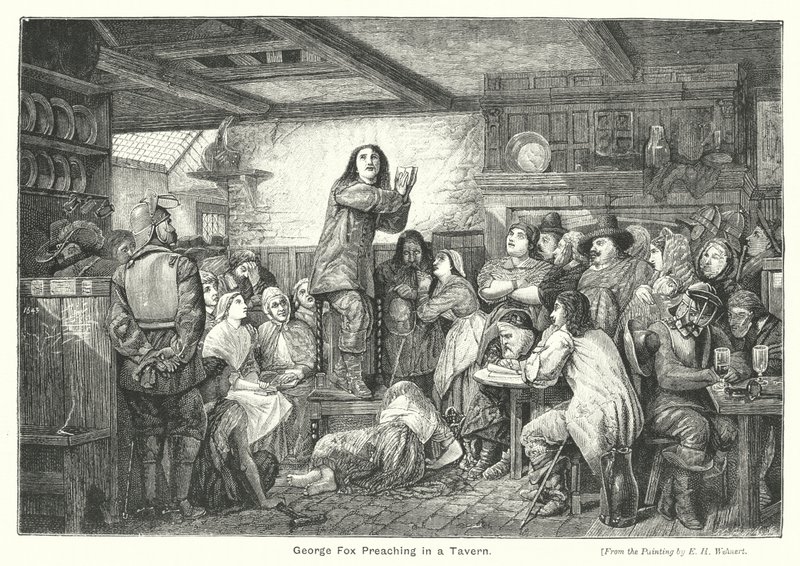 George Fox preekt in een taverne door Edward Henry (after) Wehnert