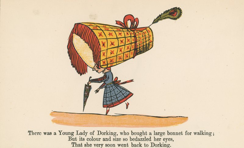 Er was een jonge dame uit Dorking, die een grote hoed kocht om te wandelen, uit 