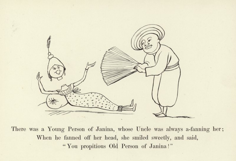 Er was een jong persoon van Janina, wiens oom haar altijd aan het wapperen was door Edward Lear
