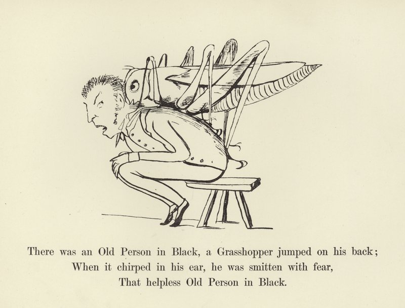 Er was een oude persoon in het zwart, een sprinkhaan sprong op zijn rug door Edward Lear