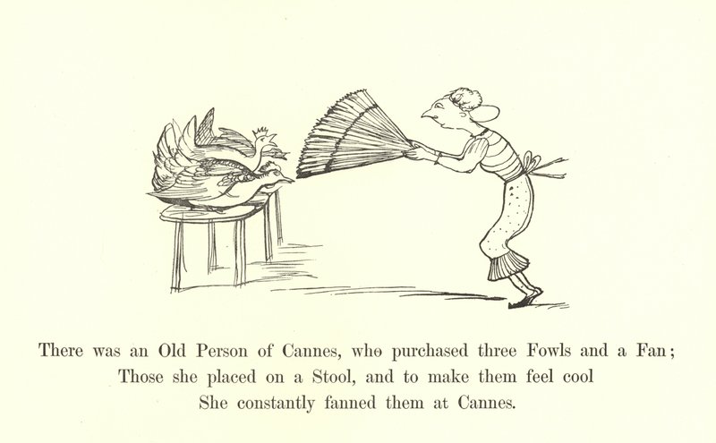 Er was een oude persoon van Cannes, die drie kippen en een waaier kocht door Edward Lear