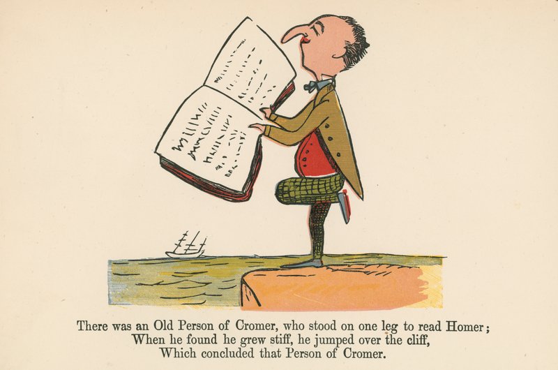 Er was een oude persoon van Cromer, die op één been stond om Homerus te lezen, uit 