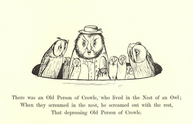 Er was een oude persoon van Crowle, die in het nest van een uil woonde door Edward Lear