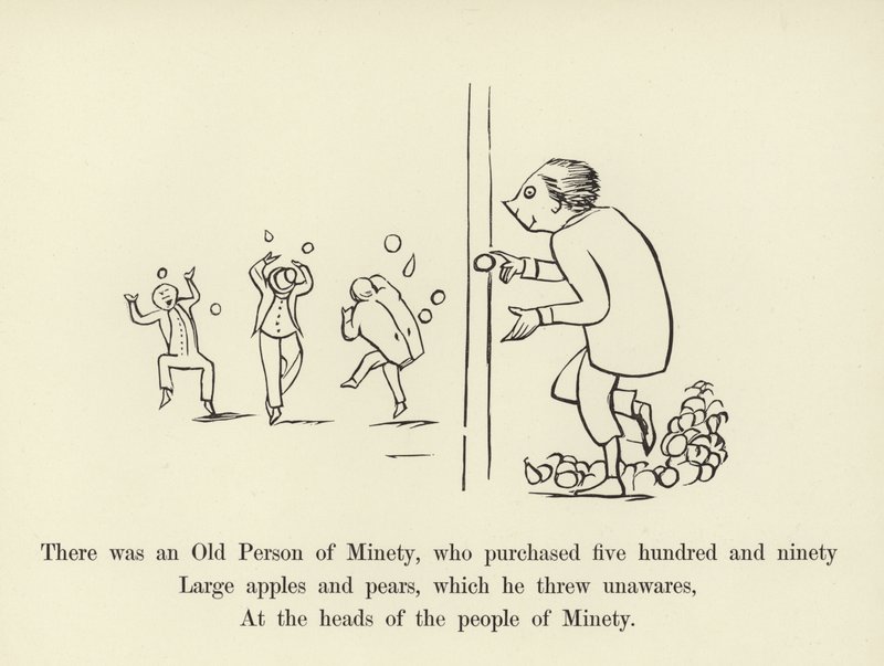 Er was een oude persoon van Minety, die vijfhonderdnegentig grote appels en peren kocht door Edward Lear