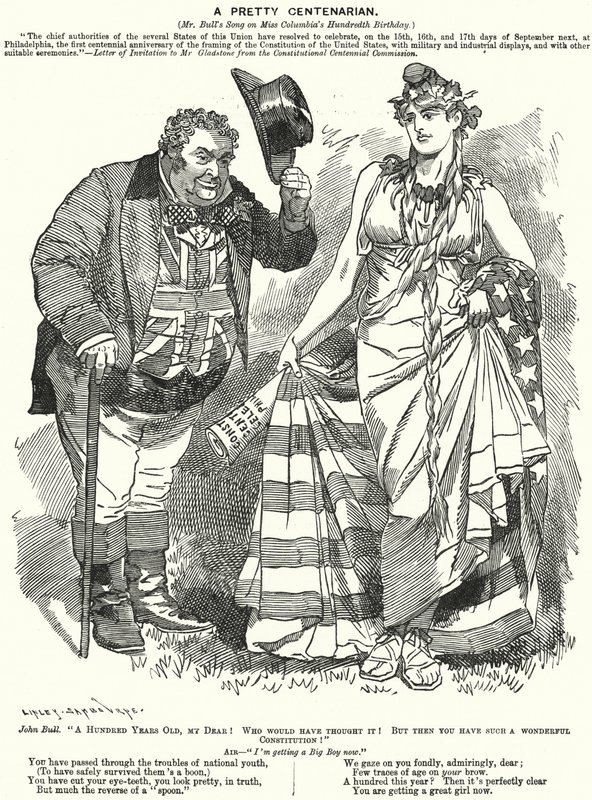 Punch cartoon: Een Mooie Eeuweling - de honderdste verjaardag van het opstellen van de Amerikaanse Grondwet (gravure) door Edward Linley (after) Sambourne
