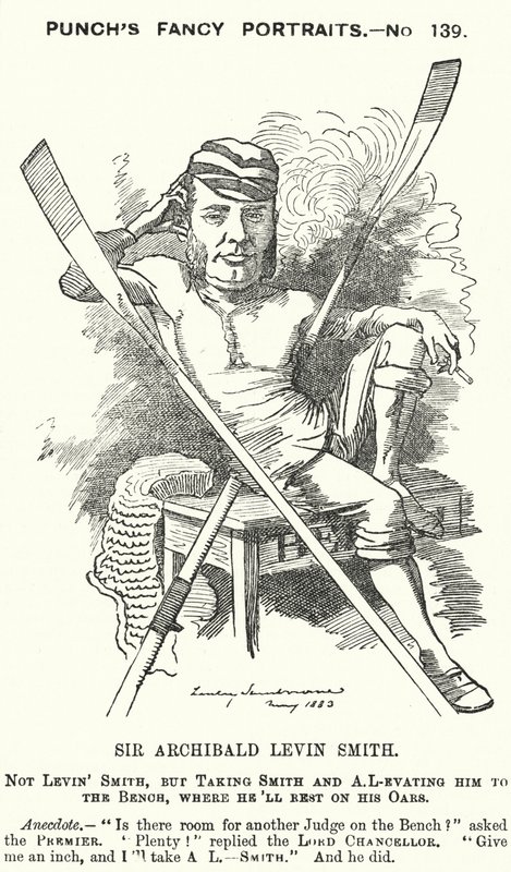 Punch cartoon: Archibald Levin Smith, Engelse rechter en roeier die deelnam aan de University Boat Race en de Henley Royal Regatta door Edward Linley (after) Sambourne