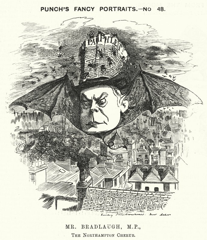 Punch cartoon: Charles Bradlaugh, Engelse liberale politicus en atheïst door Edward Linley (after) Sambourne