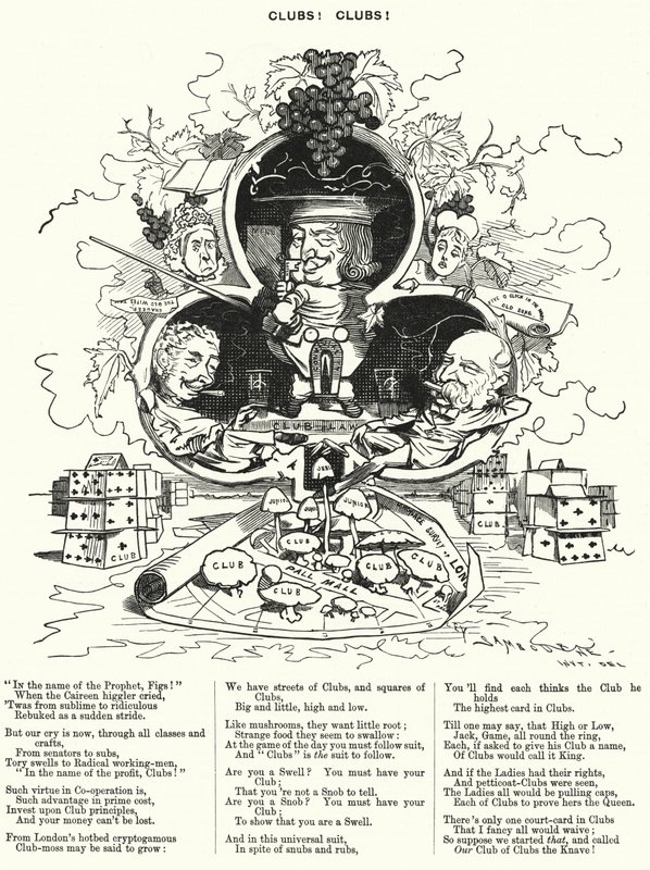 Punch cartoon: Clubs! Clubs! - de overvloed aan herenclubs in Londen (gravure) door Edward Linley (after) Sambourne