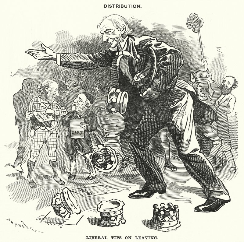 Punch cartoon: Distributie. Liberale Tips bij Vertrek (gravure) door Edward Linley (after) Sambourne