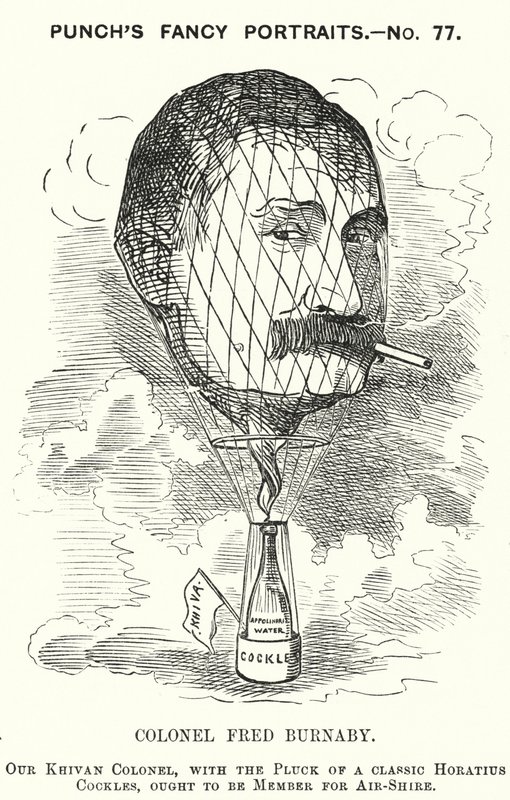 Punch cartoon: Frederick Burnaby, Britse leger inlichtingenofficier en ballonvaarder (gravure) door Edward Linley (after) Sambourne