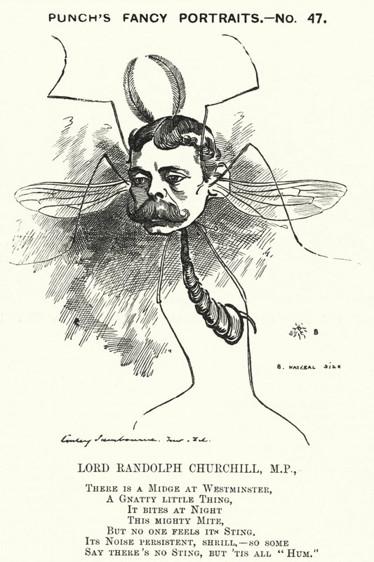 Punch cartoon: Lord Randolph Churchill, Engelse conservatieve politicus (gravure) door Edward Linley (after) Sambourne