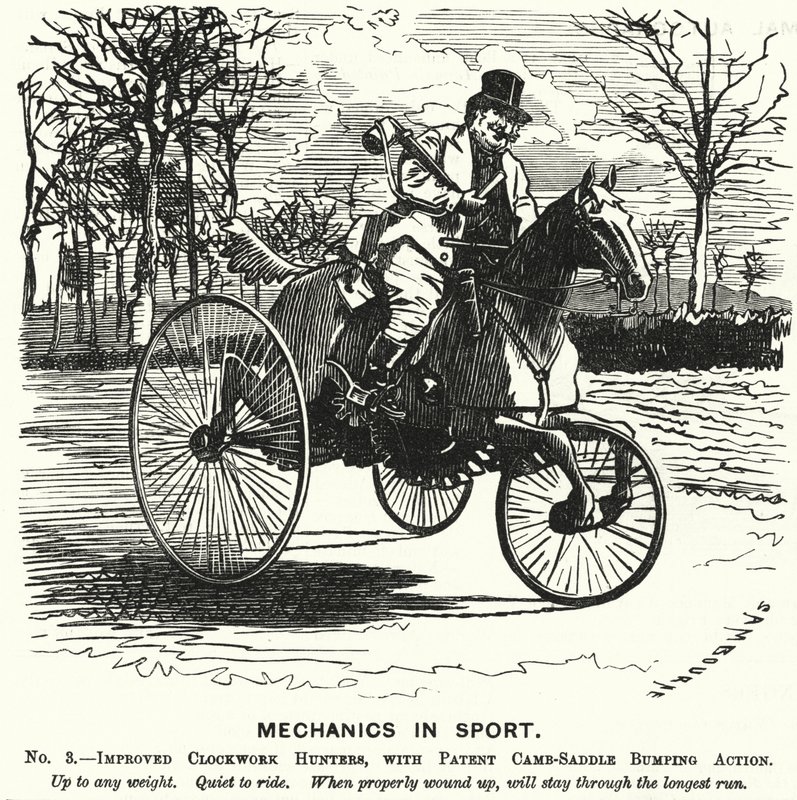 Punch cartoon: Mechanica in de sport. Nr. 3. - Verbeterde Klokwerk Jagers, met Patent Camb-Zadel Bump Actie (gravure) door Edward Linley (after) Sambourne
