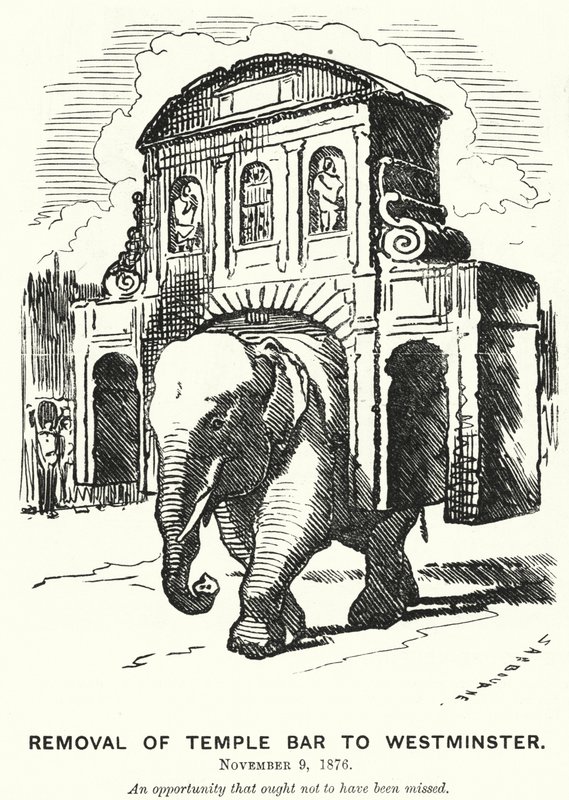 Punch cartoon: Verwijdering van Temple Bar naar Westminster door Edward Linley (after) Sambourne