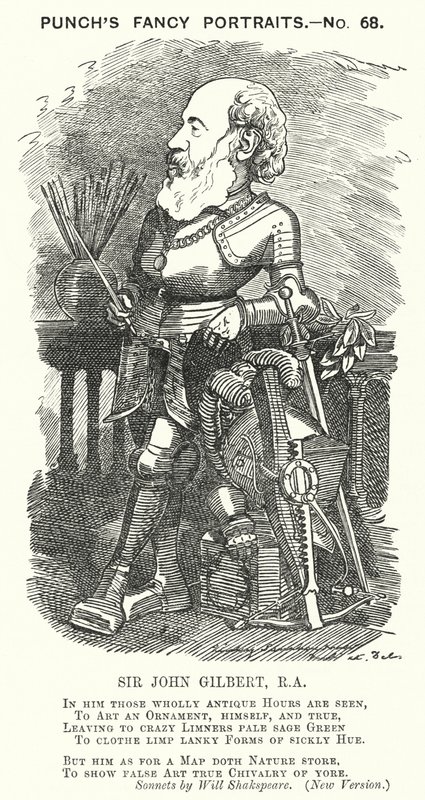Punch cartoon: Sir John Gilbert, Engelse kunstenaar (gravure) door Edward Linley (after) Sambourne