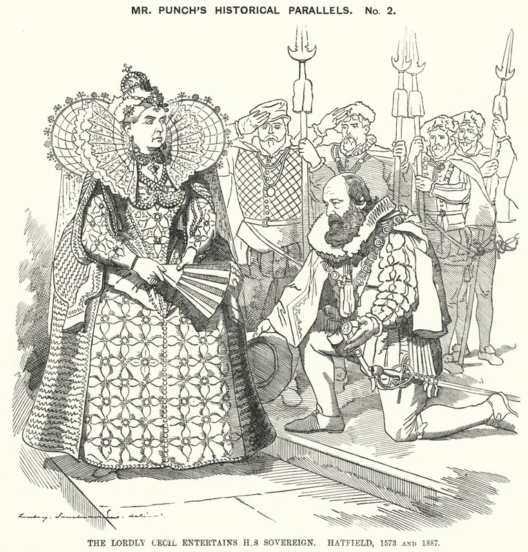 Punch cartoon: De Vorstelijke Cecil Vermaakt Zijn Soeverein, Hatfield door Edward Linley (after) Sambourne