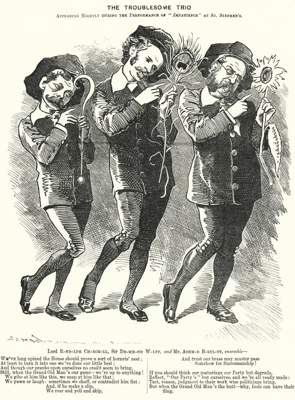Punch cartoon: Het lastige trio: Lord Randolph Churchill, Henry Drummond Wolff en Ellis Ashmead-Bartlett, Britse conservatieve politici door Edward Linley (after) Sambourne