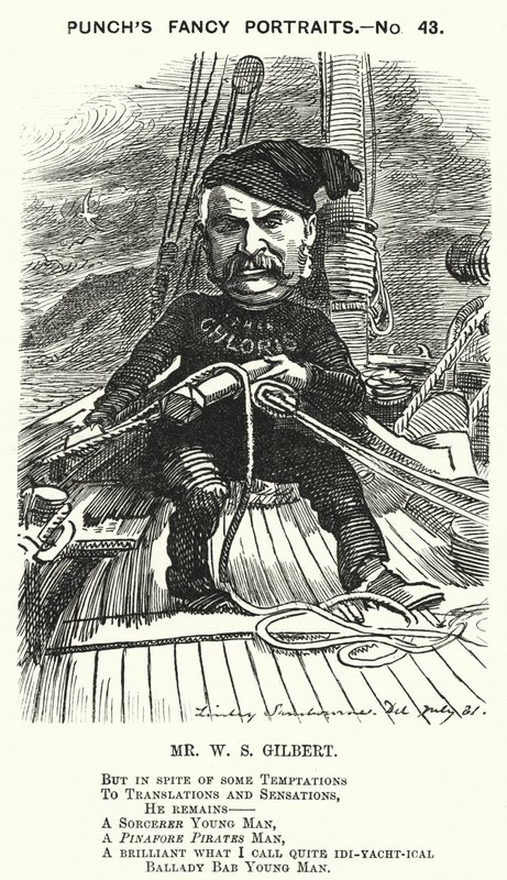 Punch cartoon: W S Gilbert, Engelse dramaturg en librettist (gravure) door Edward Linley (after) Sambourne