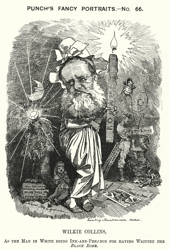 Punch cartoon: Wilkie Collins, Engelse romanschrijver, toneelschrijver en verhalenverteller (gravure) door Edward Linley (after) Sambourne