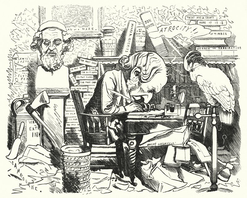 Punch cartoon: schrijver aan het werk in zijn studeerkamer door Edward Linley (after) Sambourne