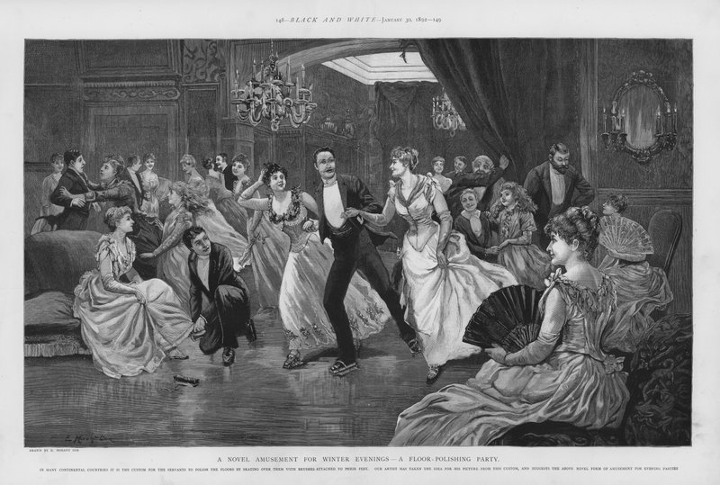Een nieuwe winteravondvermaak - een vloerpolijstfeest (litho) door Edward Morant Cox