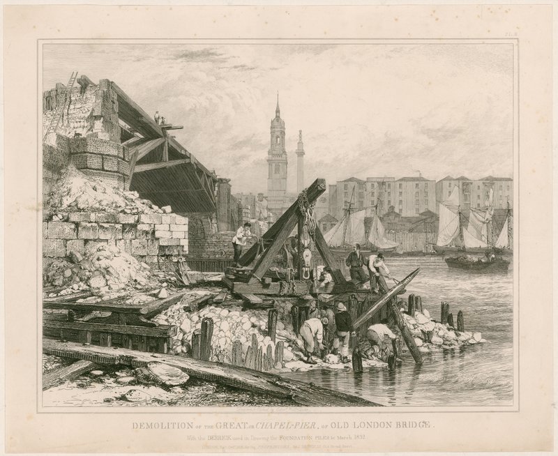 Sloop van een deel van de Oude London Bridge, maart 1832 door Edward William Cooke