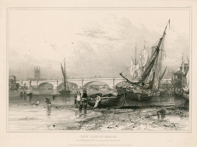 Nieuwe Londen Brug, vanaf Billingsgate (laag water) getekend 31 juli 1832 door Edward William Cooke