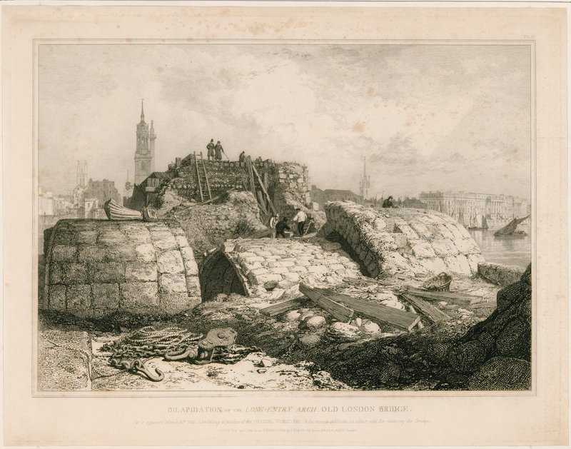 Deel van de Oude London Bridge zoals het verscheen in juni 1832 door Edward William Cooke